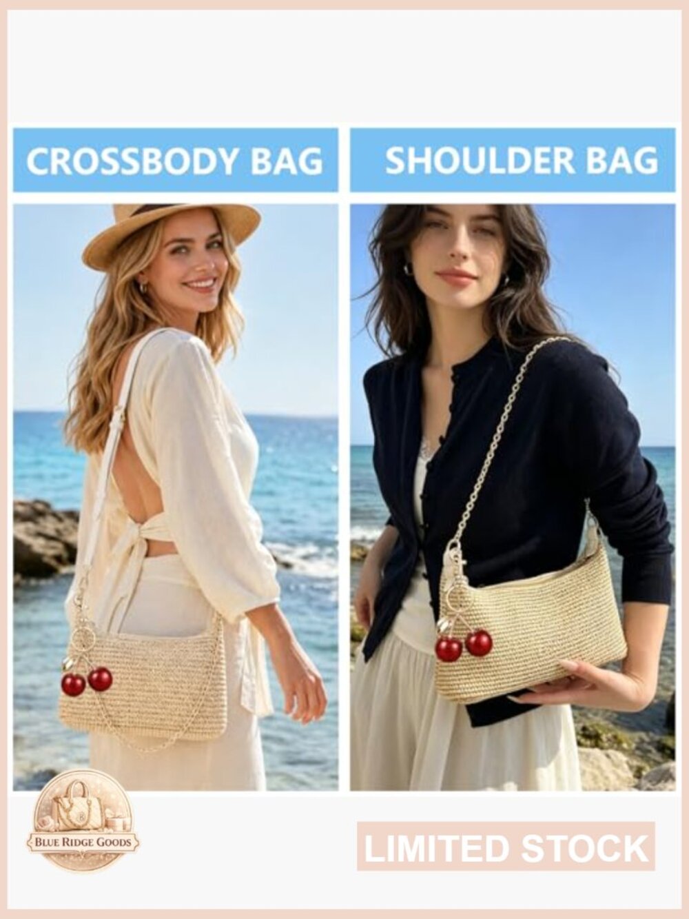 Woven Straw Shoulder Bag with Cherry Pendant Summer Beach Hobo Crossbody Purse - Picture 2 of 6